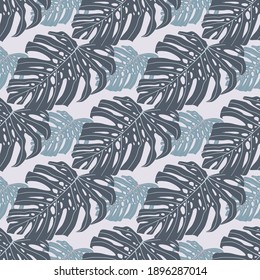 Decorative seamless pattern doodle ornament with monstera. Pastel blue palette. Decorative backdrop for wallpaper, textile, wrapping paper, fabric print. Vector illustration.