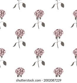 Decorative seamless pattern with doodle pink hydrangea flower ornament. White background. Vector illustration for seasonal textile prints, fabric, banners, backdrops and wallpapers.