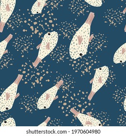 Decorative seamless pattern with doodle random fish silhouettes print. Navy blue background with splashes. Designed for fabric design, textile print, wrapping, cover. Vector illustration.