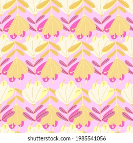 Decorative seamless pattern with doodle yellow flowers elements print. Pink and lilac background. Stock illustration. Vector design for textile, fabric, giftwrap, wallpapers.