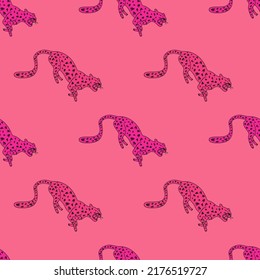 Decorative seamless pattern with doodlecute leopard. Hand drawn cheetah endless wallpaper. Wild animals background. Design for fabric, textile, wrapping, illustration