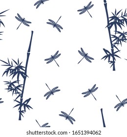 Decorative seamless pattern with dragonfly and bamboo tree. Vector For printing on packaging, textiles, wrapping paper and other materials.