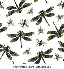  Decorative seamless pattern with dragonfly and bees