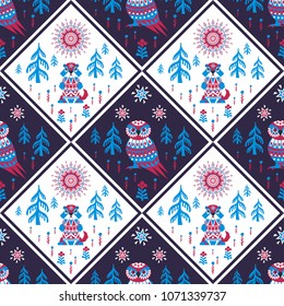 Decorative seamless pattern in ethnic style with gopher and owl. Colorful vector background.