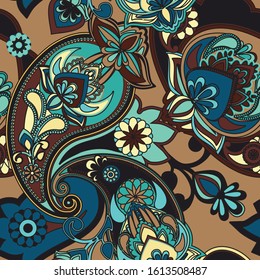 Decorative seamless pattern for fabric, tapestry, wallpaper and backgrounds in the style of a traditional oriental paisley pattern.