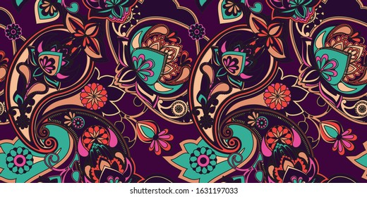 Decorative seamless pattern for fabric, tapestry, wallpaper and backgrounds in the style of a traditional oriental paisley pattern.