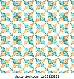 Decorative seamless pattern featuring abstract floral elements in vibrant teal and gold colors