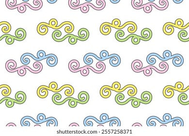 Decorative seamless pattern featuring colorful swirls and curls in pastel tones on a white background.