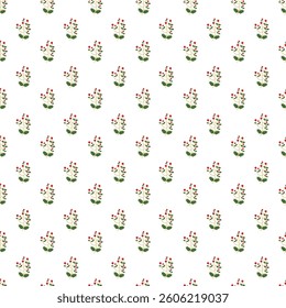 Decorative seamless pattern featuring green holly leaves and red berries against a white background, ideal for festive designs, holiday decorations, or wrapping paper concepts.	
