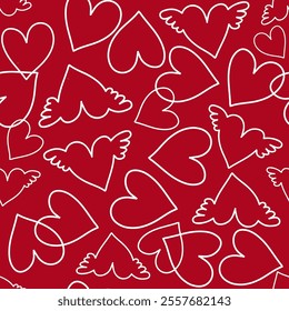 Decorative seamless pattern featuring hearts and wings on a deep red background suitable for various design projects.