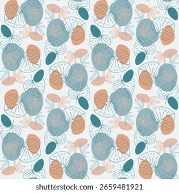Decorative seamless pattern featuring linear leaves and soft abstract shapes in muted blue and terracotta tones. Perfect for textiles wallpaper packaging and modern surface design. 