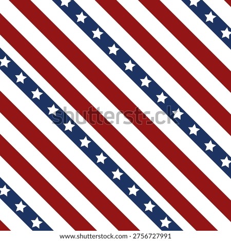 Decorative seamless pattern featuring red diagonal stripes and scattered blue stars on a white background. Clean and modern patriotic design perfect for wrapping paper, fabrics and holiday graphics.