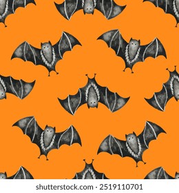 Decorative seamless pattern featuring whimsical bats on a vibrant orange background for seasonal decor