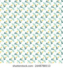 A decorative seamless pattern featuring yellow flowers and green leaves on a clean white backdrop, symbolizing nature, elegance, and freshness, ideal for textile design or digital art projects.