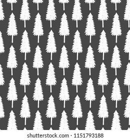 Decorative seamless pattern with fir tree silhouettes. Vector seasonal design. Vintage background.