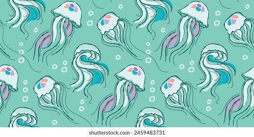 Decorative seamless pattern with floating jellyfish.Underwater sea inhabitants painted with a brush effect.Colorful print on fabric and paper.Vector design for use in background,wallpaper,cover.