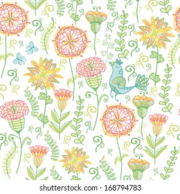 Decorative seamless pattern with flowers, bird and butterflies, vector