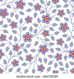 Decorative seamless pattern with flowers in blue, yellow, red and lilac colors on white background