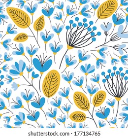 Decorative seamless pattern with flowers and leaves, vector illustration