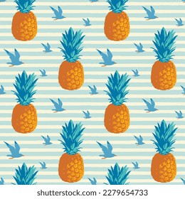 Patrón ininterrumpido decorativo con gaviotas voladoras y piñas sobre un fondo rayado de estilo retro. Fondo repetible de vectores, adecuado para papel de pared, papel de envoltura, tela, diseño de verano