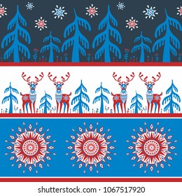 Decorative seamless pattern in folk style with reindeer image. Colorful vector background.
