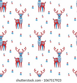 Decorative seamless pattern in folk style with reindeer image. Colorful vector background.