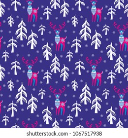 Decorative seamless pattern in folk style with reindeer image. Colorful vector background.