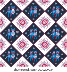 Decorative seamless pattern in folk style with wolf and owl. Colorful vector background.