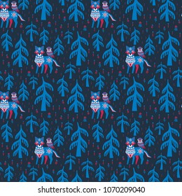 Decorative seamless pattern in folk style with wolf and owl. Colorful vector background.