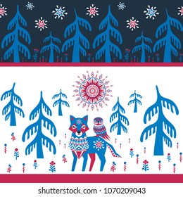 Decorative seamless pattern in folk style with wolf and owl. Colorful vector background.