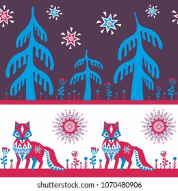 Decorative seamless pattern in folk style with red fox. Colorful vector background.