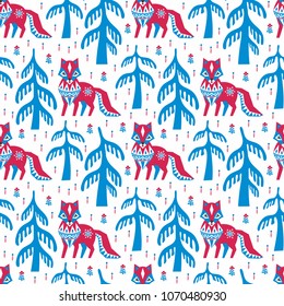 Decorative seamless pattern in folk style with red fox. Colorful vector background.