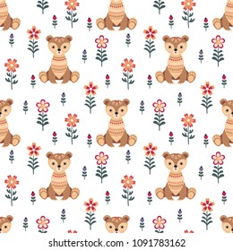 Decorative seamless pattern in folk style with bear. Colorful vector background.
