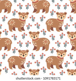 Decorative seamless pattern in folk style with bear. Colorful vector background.