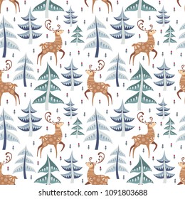 Decorative seamless pattern in folk style with deer. Colorful vector background.