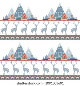 Decorative seamless pattern in folk style with deer. Colorful vector background.