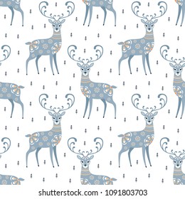 Decorative seamless pattern in folk style with deer. Colorful vector background.