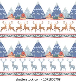 Decorative seamless pattern in folk style with deer. Colorful vector background.