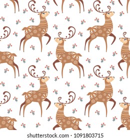 Decorative seamless pattern in folk style with deer. Colorful vector background.
