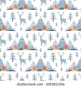 Decorative seamless pattern in folk style with deer. Colorful vector background.