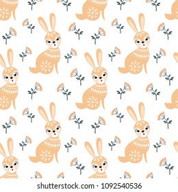 Decorative seamless pattern in folk style with rabbit. Colorful vector background.