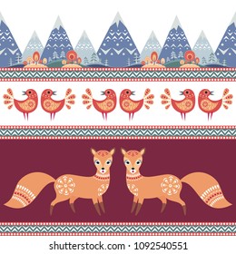 Decorative seamless pattern in folk style with fox. Colorful vector background.