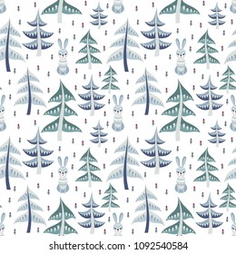 Decorative seamless pattern in folk style with rabbit. Colorful vector background.
