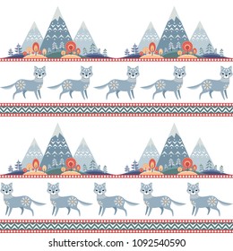 Decorative seamless pattern in folk style with wolf. Colorful vector background.