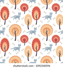 Decorative seamless pattern in folk style with wolf. Colorful vector background.