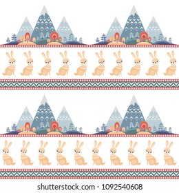 Decorative seamless pattern in folk style with rabbit. Colorful vector background.