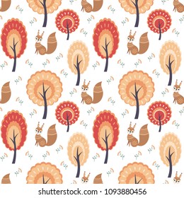 Decorative seamless pattern in folk style with squirrel. Colorful vector background.