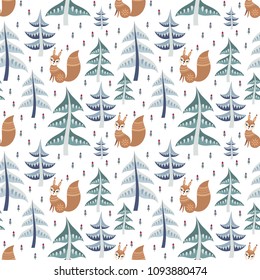 Decorative seamless pattern in folk style with squirrel. Colorful vector background.