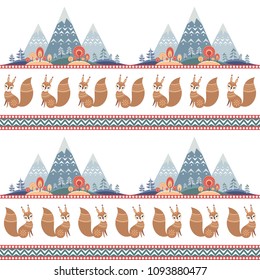Decorative seamless pattern in folk style with squirrel. Colorful vector background.
