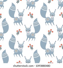 Decorative seamless pattern in folk style with squirrel. Colorful vector background.